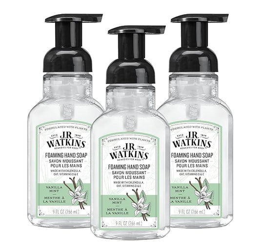 J.R. Watkins Foaming Hand Soap Pump with Dispenser, Moisturizing Hand Soap Foam, Alcohol-Free and Cruelty-Free, Use for Kitchen or Bathroom, Vanilla Mint, 9 fl oz, 3 Pack