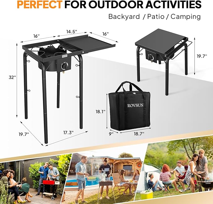 ROVSUN Single Burner Propane Gas Stove with Side Shelf & Carrying Bag, 100,000 BTU Portable Stove with Removable Legs & Regulator for Camping Home Backyard Cooking Brewing Canning Turkey Frying