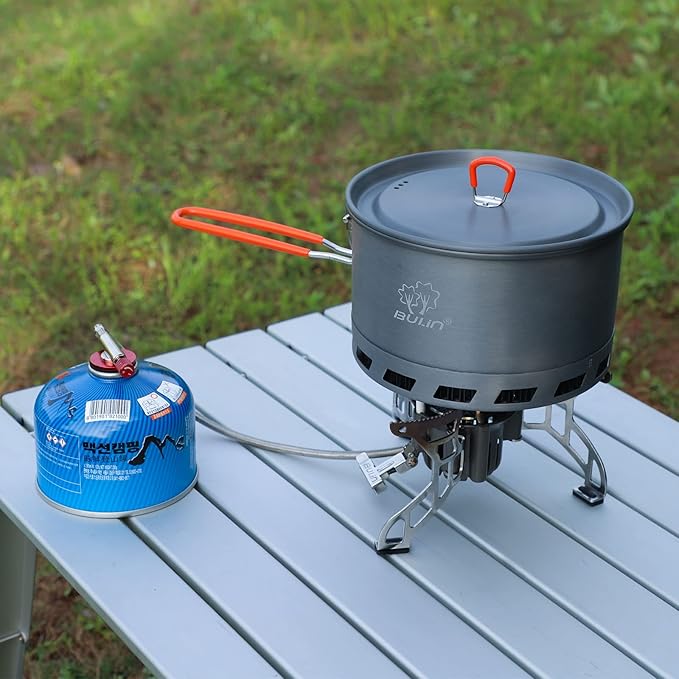 Bulin Camping Pot, 2.1L High Efficiency Backpacking Pot Ultralight Camping Cooking Set Cookware Gear with Heat-Proof Handle & Heat Exchanger for Outdoor Picnic Hiking Travel