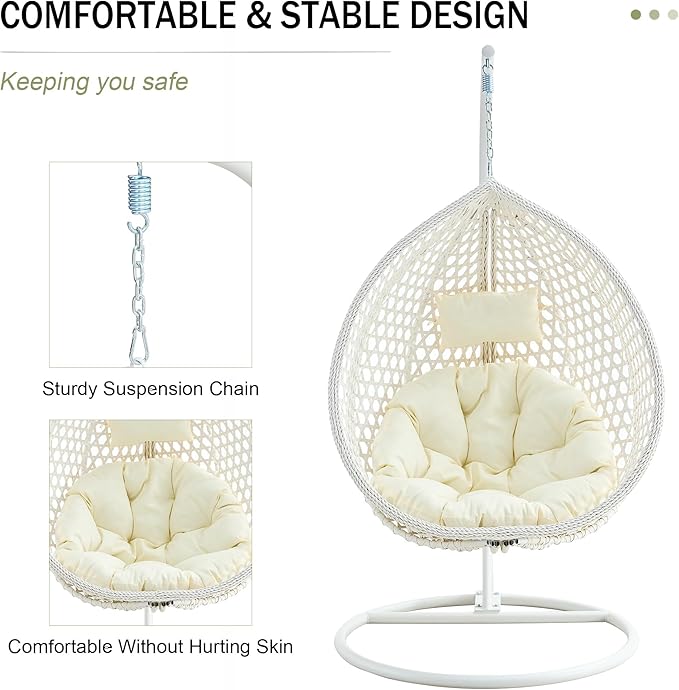 JUFU Egg Swing Chair with Stand,Hanging Egg Chair with Cushions and Pillow,Heavy Duty Lounge White Basket Chair,Indoor Outdoor Patio Porch Lounge Hammock Chair for Patio Balcony Backyard,Bedrooms