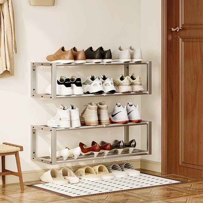 Homeiju Hanging Shoe Organizer,2 Pack Wall Mounted Shoe Rack Holds 12 Pairs,Space Saving Metal Wall Shoe Rack,Hanging Shoe Rack Shoe Holder for Small Space,Entryway,Closet,RV,Camper (Silver)