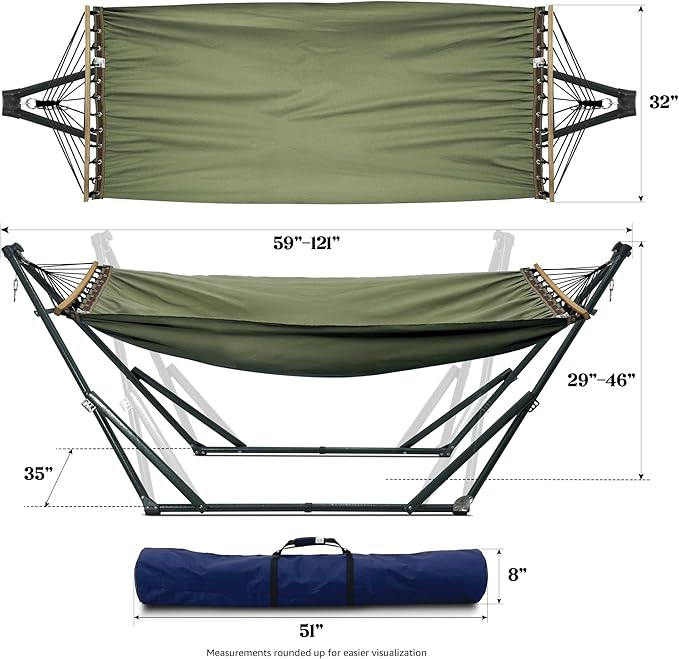 Tranquillo Sturdy Steel Hammock Stand with Premium Cotton Canvas, 600 lbs Capacity Folding Hammock Stand, Portable Hammock 30-Second Fold Unfold Spacious Hammock Design, Sage
