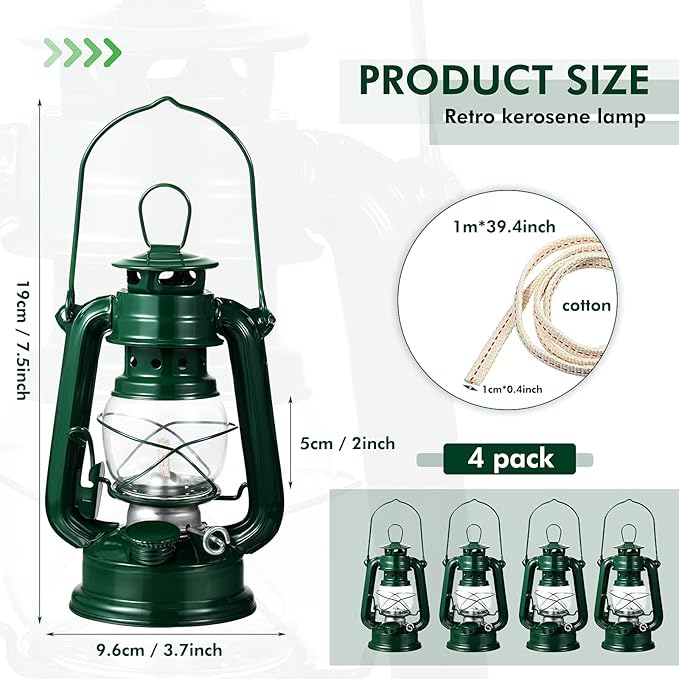 Honoson 4 Pieces Oil Lamp Hurricane Lamp Kerosene Lantern for Indoor Outdoors Decorative Hanging Oil Lantern with Wick for Hiking Emergency Camping Party Decoration (Green,8 Inch)