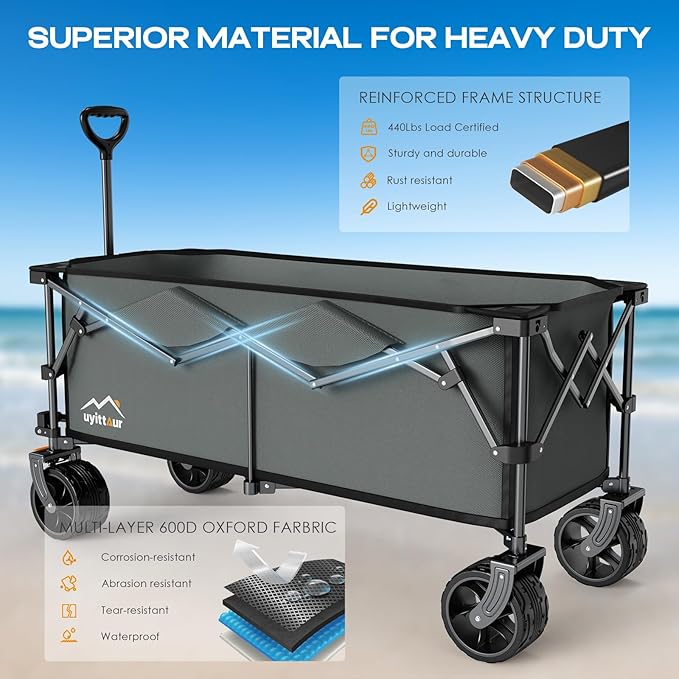 300L Extra Large Collapsible Foldable Wagon, 440lbs Load Capacity 48''L Extended Heavy Duty Folding Beach Wagon with Big All-Terrain Wheels, Utility Garden Cart for Outdoor Activities, Gray