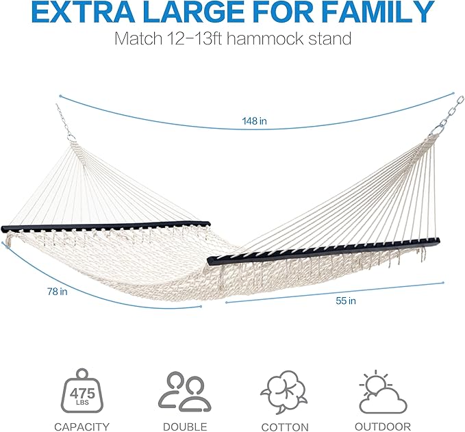 PNAEUT Double Hammocks for Outside, 13ft Traditional Rope Hammock for 2 Person with Hardwood Spreader Bar and Carrying Bag, 475 lbs Capacity (Beige)