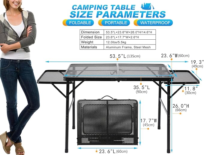 Folding Family Camping Table with 2 Wing Panels, Metal Grill Table with Mesh Tabletop, 2 Adjustable Heights, Large Picnic & Outdoor Table, 2 Side Shelves, Lightweight (4.4 FT, Black)