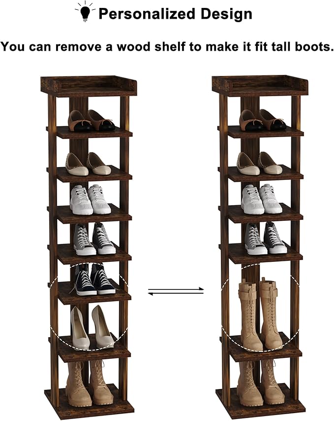 HOMEFORT 7-Tier Wood Shoe Rack, Entryway Shoe Tower,Vertical Shoe Organizer, Wooden Shoe Storage Stand, Rustic Brown