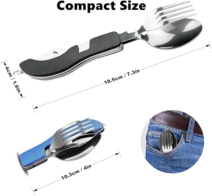 4-in-1 Portable Foldable Utensil Set Compact Knife Fork Spoon Bottle Opener Kit Stainless Steel Utensils for Camping Hiking Travel (Black + Green)
