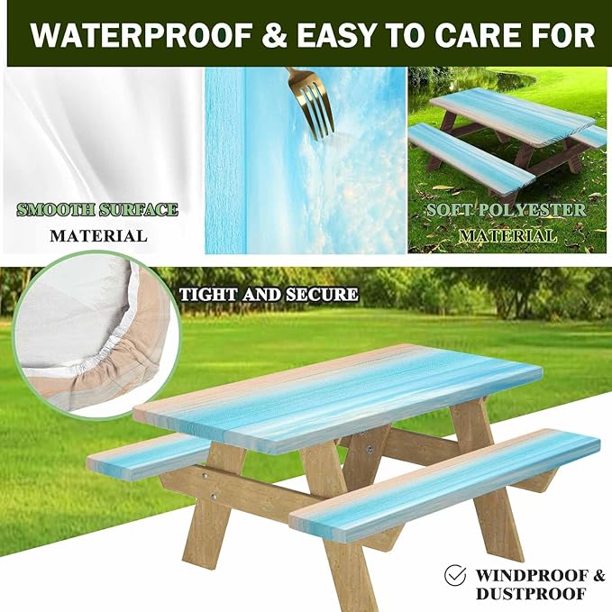 CAPSCEOLL Fitted Picnic Table Cover with Bench Covers with Elastic 8Ft Waterproof Camping Picnic Table Cover Cloths for Outdoors Camping Tablecloth with Drawstring Bag, 96X30in, Summer Beach