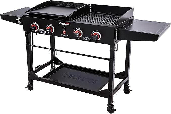Royal Gourmet GD402 4-Burner Propane Gas Grill and Griddle Combo with Foldable Legs, 48,000 BTUs, Portable Griddle Grill Combo for Outdoor Cooking While Camping or Tailgating, Black