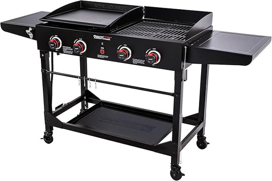 Royal Gourmet GD402 4-Burner Propane Gas Grill and Griddle Combo with Foldable Legs, 48,000 BTUs, Portable Griddle Grill Combo for Outdoor Cooking While Camping or Tailgating, Black