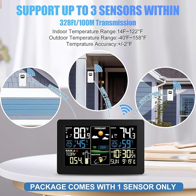 Digital Rain Gauge and Weather Station, Wireless Rain Gauge Outdoor, Home Weather Stations Wireless Indoor Outdoor with Thermometer, Barometer, Hygrometer, Atomic Clock, Weather Forecast and Alerts