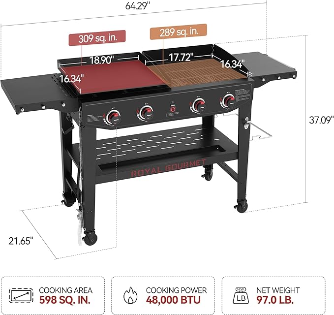 Royal Gourmet GD405A 4 Burner Propane Gas Grill and Griddle Combo with Grilling Gear Set, Griddle Grill Combo with Foldable Side Tables for Outdoor Cooking While Camping or Tailgating, Black