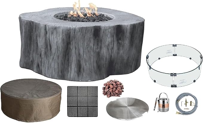Elementi | Bundle Manchester Gas Fire Pit Cast Concrete Semi-Round Fire Table, Outdoor Fire Pit Electronic Ignition | Canvas Cover, Lava Rock Included | Classic Gray (Natural Gas)