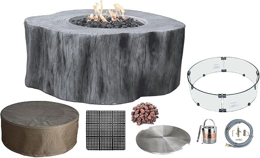 Elementi | Bundle Manchester Gas Fire Pit Cast Concrete Semi-Round Fire Table, Outdoor Fire Pit Electronic Ignition | Canvas Cover, Lava Rock Included | Classic Gray (Natural Gas)