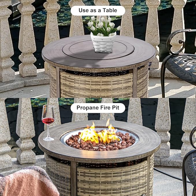32 inch Propane Fire Pit Table,Wicker Gas Fire Pits Table with Lid & Lava Rocks, 50000 BTU Round Propane Firepit for Outside, Fire Table for Dining,Party, Patio,Yard