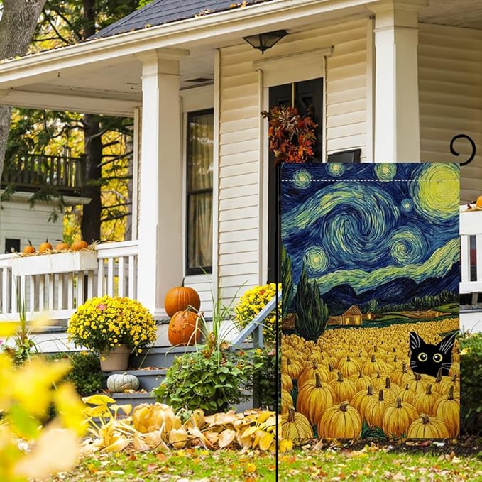 BLKWHT Fall Pumpkin Cat Garden Flag 12x18 Vertical Double Sided Blue Sky Autumn Thanksgiving Holiday Outside Decorations Burlap Yard Flag BW825