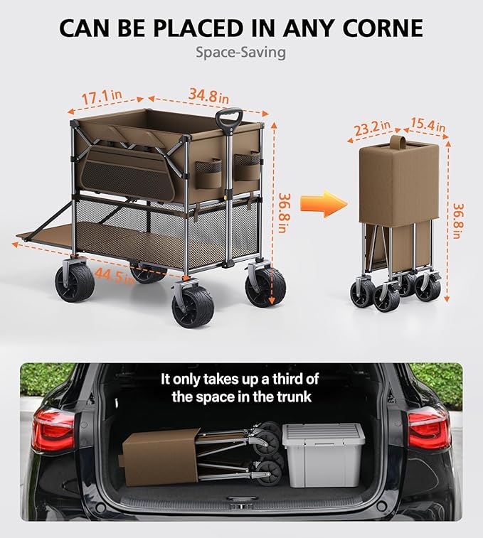 Foldable Wagon Cart,Everyfun 480Lbs Double Decker Wagon,Beach Carts with Big Wheels&Side Pocket&Dustbag,Large Capacity Folding Wagon for Shopping,Garden,Camping,Fish,New Wave Sports Wagon-Brown