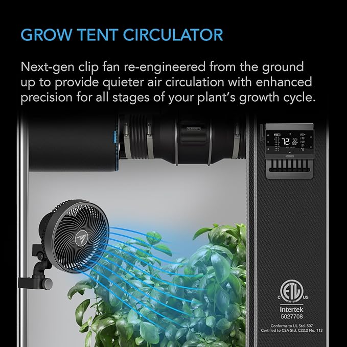 AC Infinity CLOUDRAY A9, Grow Tent Clip Fan 9” with Redesigned Long-Life EC Motor, Custom 10 Dynamic Wind Speeds, Weatherproof IP-54, Manual Swivel, for Hydroponics Circulation Cooling