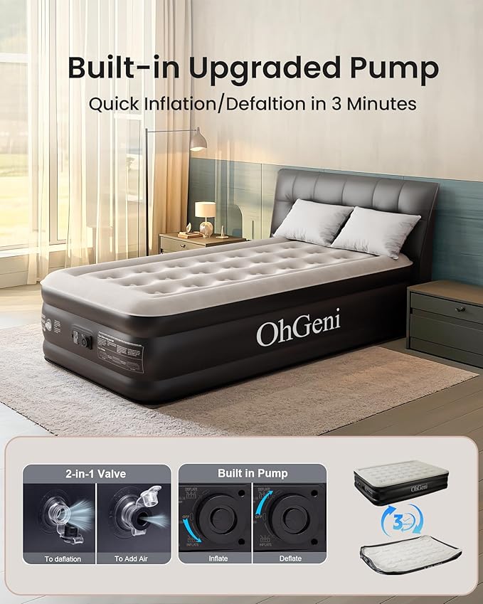 OhGeni Twin Air Mattress with Built in Pump for Guest, 18in Tall Colchon Inflables Blow Up Air Bed with Carrying Bag for Camping, Raised Elevated Double Airbed, Foldable & Portable Air Mattress, Black