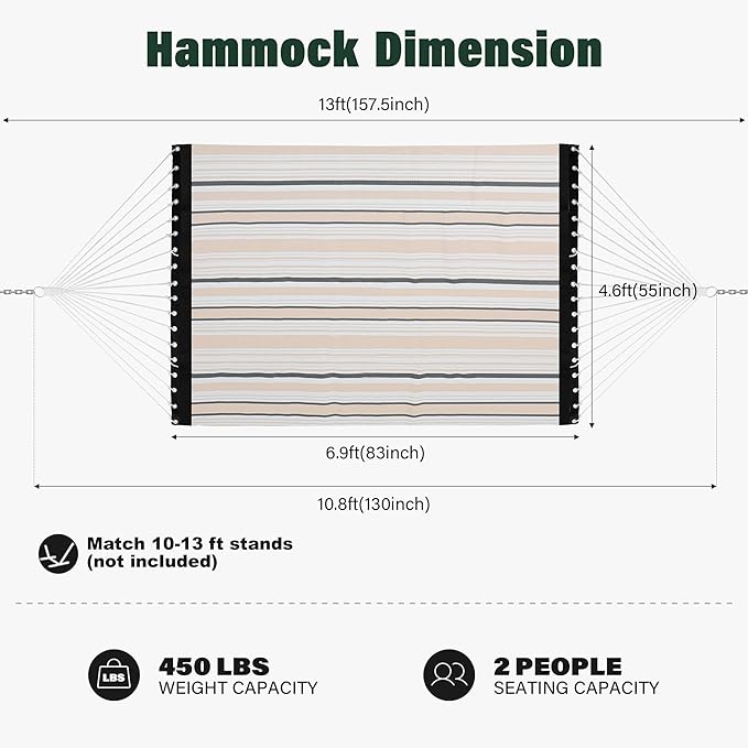 Patio Watcher 13 FT Quick Dry Textilene Hammock - Outdoor Double Hammock - Heavy Duty Hammocks for Outside - 450 lbs Capacity - Beige Black