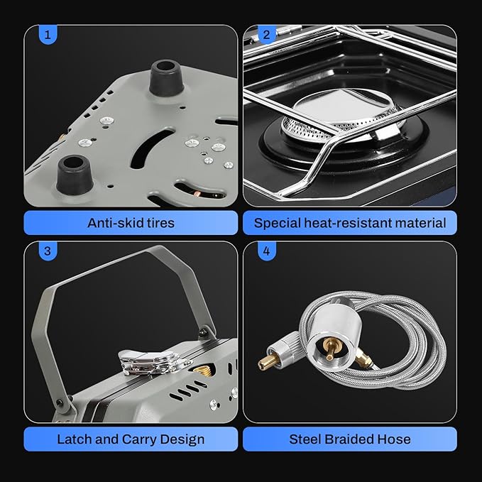2-Burner Foldable Camping Stove with Griddle and Carrying Bag，16000 BTU Portable Propane Camp Stove with 2 Adjustable Burners & Piezo Ignition, for Camping, Home Backyard, Frying Turkey, Green