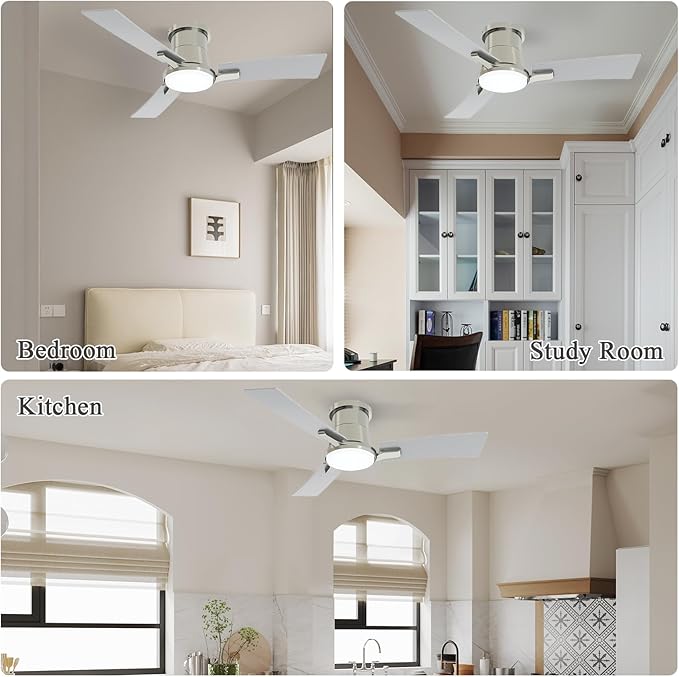 42 Inch Ceiling Fans with Lights and Remote,Brushed Nickel Low Profile Ceiling Fan with Light,Reversible,Flush Mount,6 Speeds,3CCT Dimmable,for Bedroom,Living Room,Indoor Patio