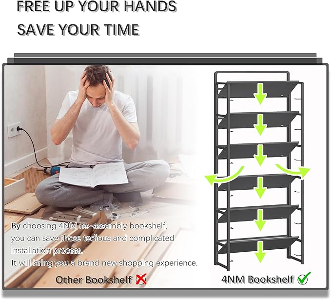 4NM No-Assembly 6 Tiers Folding Bookshelf Storage Shelves Vintage Bookcase Standing Racks Study Organizer Home Office (All Black)