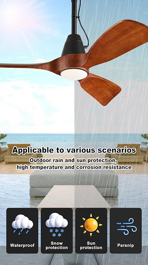 3 Blades Wood Outdoor Ceiling Fan with Light for Patios, Farmhouse Rustic Ceiling Fans with Lights, 42" Plug-in Wet Rated Outdoor Gazebo Fan for Exterior House Porch Patio, Waterproof,F248
