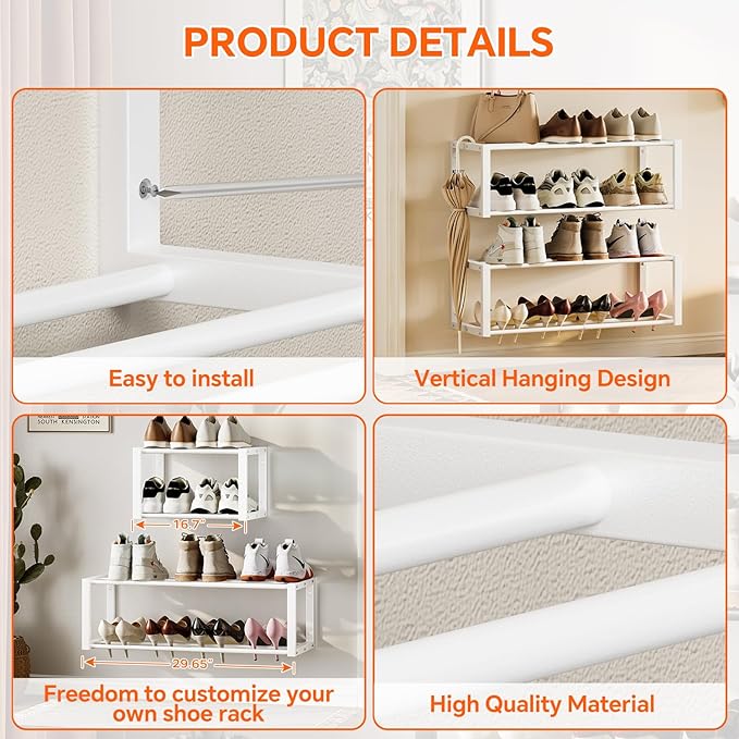 Homeiju Hanging Shoe Organizer,2 Pack Wall Mounted Shoe Rack Holds 12 Pairs,Space Saving Metal Wall Shoe Rack,Hanging Shoe Rack Shoe Holder for Small Space,Entryway,Closet,RV,Camper (White