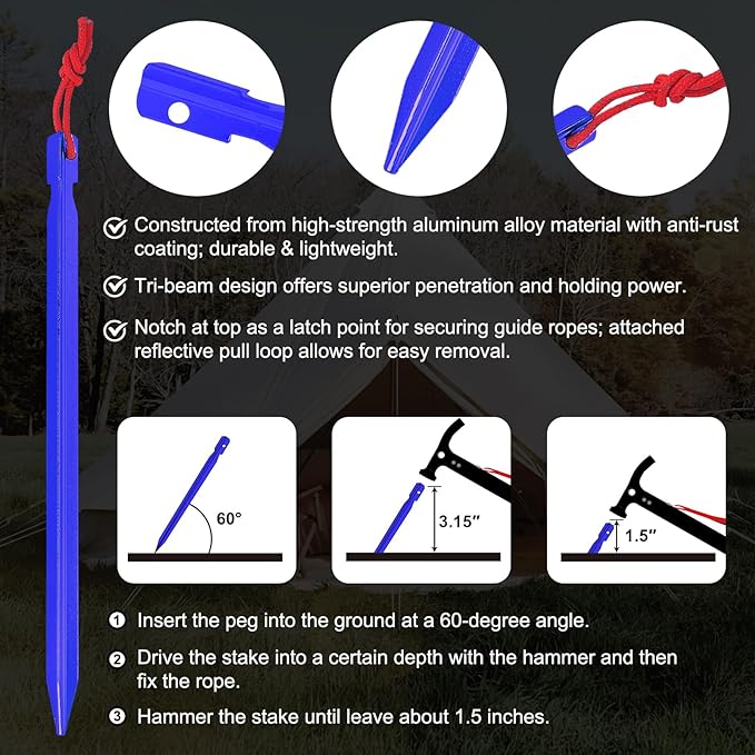 Eurmax USA Hiking Camping Tent Stakes and Hammer Set Lightweight Multi-Function Tent Hammer with Tent Stake Remover,Tent Pegs for Camping, Hiking, Backpacking, Gardening(Blue Stakes)