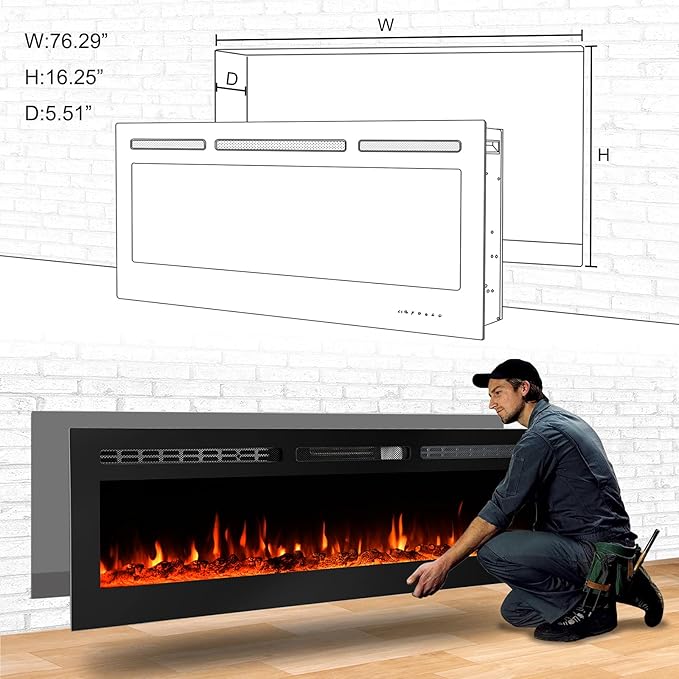 CharaVector 80 inch 750W/1500W Electric Fireplace Inserts with Remote Control in Wall Mounted, Energy Saving LED Insert Fireplace Heater Indoor Glass View with Remote Control & Touch Screen, Black