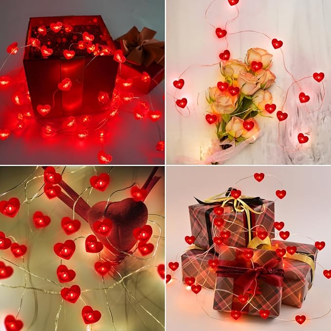 10FT Red Heart Fairy Lights Battery Operated with Timer for Mothers Day Decoration, LED String Lights Indoor Outdoor Waterproof Twinkle Lights for Christmas Proposal Anniversary Valentines Party Decor