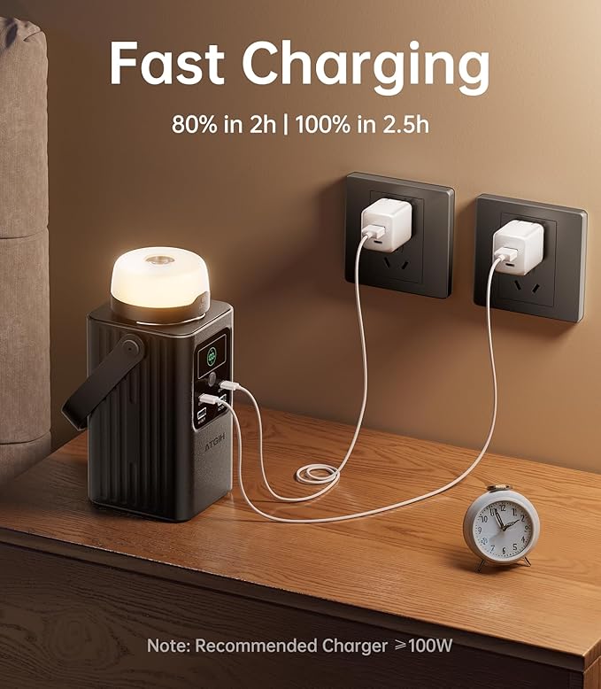 Camping Portable Power Station 198.4Wh, [4-Port Fast Charging] LiFePO4 Battery Power Bank Small Electric Generator with Detachable Light, 100W USB-C Output for Home Backup Outdoor Emergency