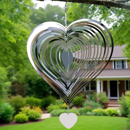 13in Wind Spinners Outdoor Silver Heart Metal Wind Spinners for Yard and Garden, Stainless Steel Hanging Wind Chimes for Outside Patio Art Decor Whirligig Gifts for Mom Gramother