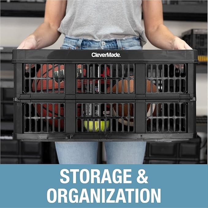 CleverMade Collapsible Utility Crates-Obsidian 3pck 45L / 11 Gal holds 66 lbs - Stackable Containers Heavy Duty Capacity Crates Space-Saving Baskets