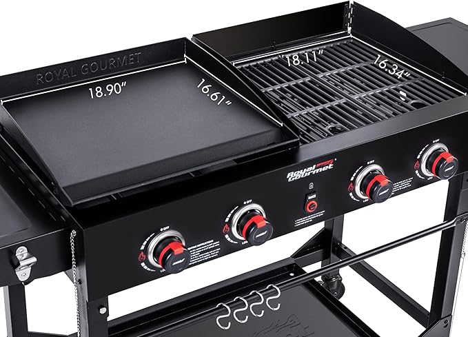 Royal Gourmet GD402 4-Burner Propane Gas Grill and Griddle Combo with Foldable Legs, 48,000 BTUs, Portable Griddle Grill Combo for Outdoor Cooking While Camping or Tailgating, Black