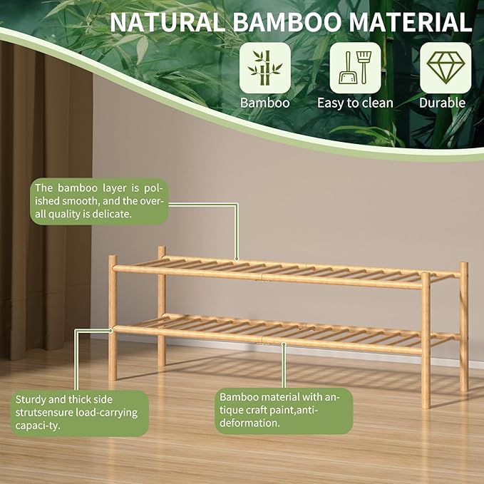 2-Tier Bamboo Long Shoe Rack, Free Standing Wood Shoe Shelf Storage Organizer for Closet Entryway Stackable 35"x11"x13" (Natural)