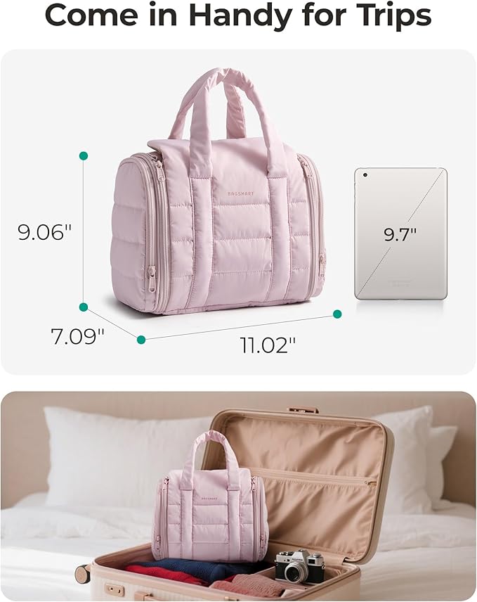 BAGSMART Puffy Travel Makeup Bag, Portable Hanging Toiletry Organizer with Removable Partition, Organizer for Travel-Sized Shampoo, Conditioner, Brushes Set, makeup Accessories, Camel