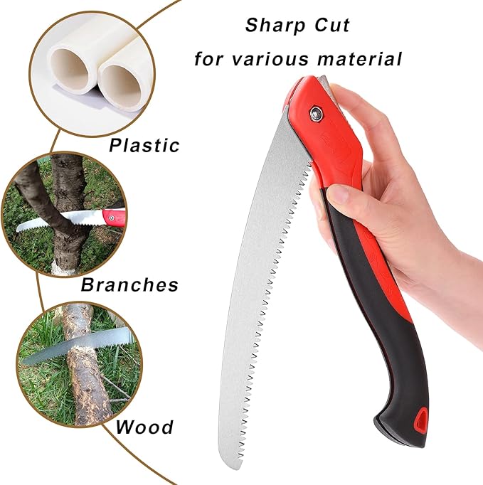 10 Inch Heavy Duty Pruning Saw, Folding Hand Saw with SK5 Curved Blade, Triple-cut Razor Teeth Used for Trees Wood Cutting Camping Gardening Work, Hiking, Landscaping, Tree Trimming