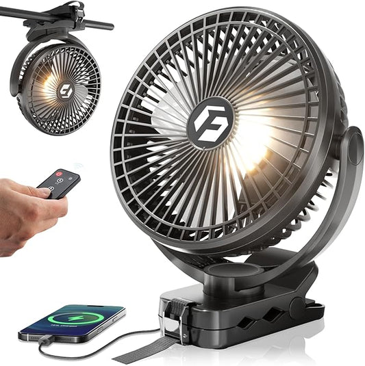 FRIZCOL 24000mAh 8 Inch Portable Clip On Fan,Battery Operated Golf Cart Fan with Lights and Remote, USB Fans Small Desk Fans Personal Quiet Fans for Office Stroller Bedroom and Camping