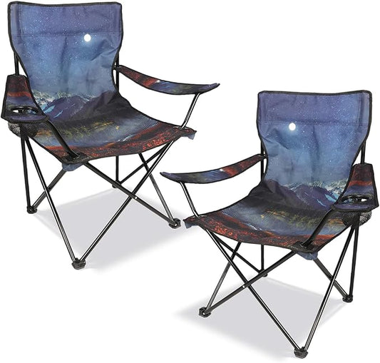 2 Pack Folding Camping Chair,Portable Lawn Chair w/Cup Holder,Carry Bag,Heavy Duty Outdoor Camp Chair for Adults,Perfect for Garden,Hiking,Picnics and Beach Trips,Moon Mountain
