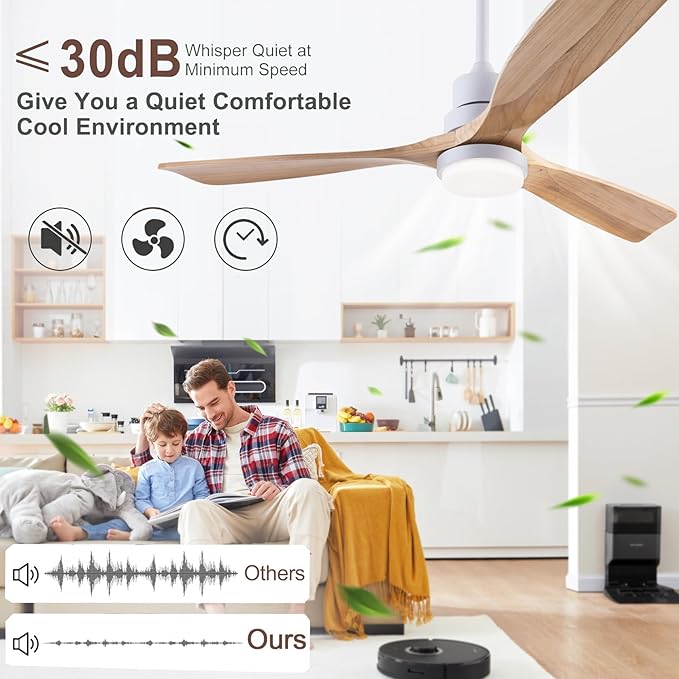 48" Wooden Ceiling Fan with Lighted Remote Control, Indoor/Outdoor Modern Fan with 3 Blades for Patio, Living Room, Farmhouse, etc (White + Wood Color)