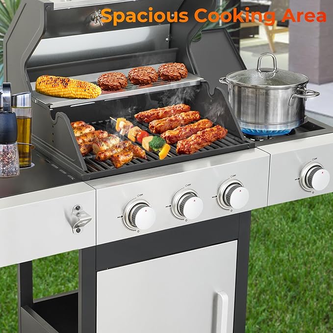 3 Burner Propane Gas Grill with Side Burner, Stainless Steel Outdoor Grill with Enameled Cast Iron Grates, 37230 BTU Gas Grill for Outdoor Barbecue BBQ Grill