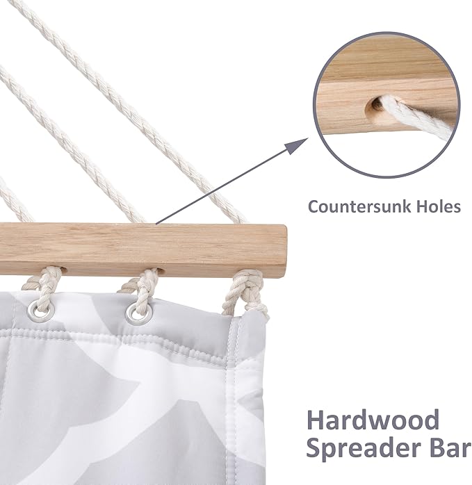 SUNCREAT Double Hammock, Extra Large Quilted Fabric Swing with Hardwood Spreader Bars & Detachable Pillow, Heavy Duty, Perfect for Indoor/Outdoor Patio, Deck, Yard, Gray Cloud