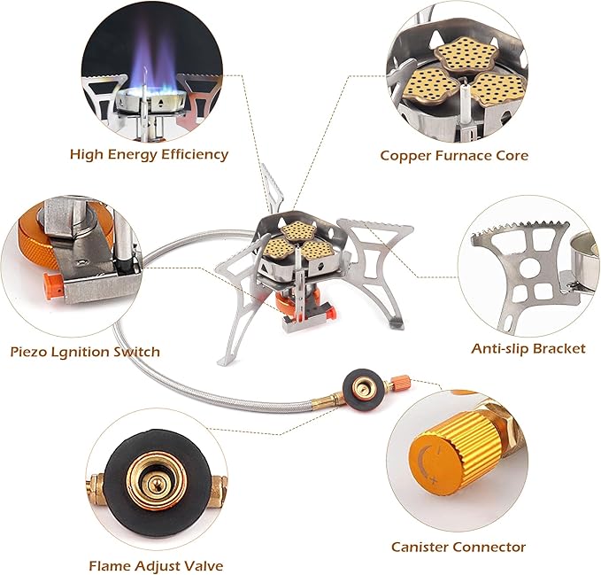 6800W Camping Stove with Fuel Canister Adapter Portable Backpacking Gas Stove with Piezo Ignition, 1LB Propane Tank Adapter, Butane Adapter for Outdoor Cooking, Picnic, Camping and Hiking
