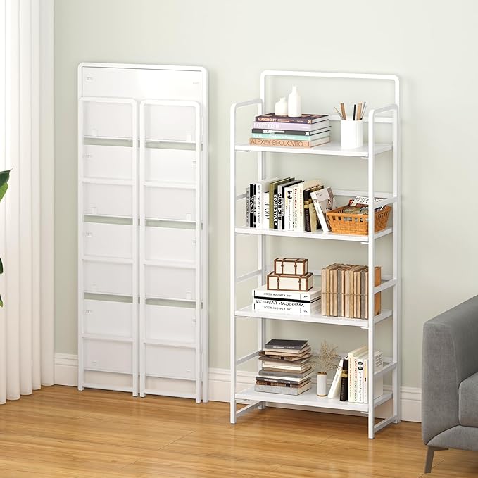 4NM No Assembly Folding Bookshelf, 4-Shelf 54" H Collapsible Foldable Bookcase Storage for Small Spaces, All White