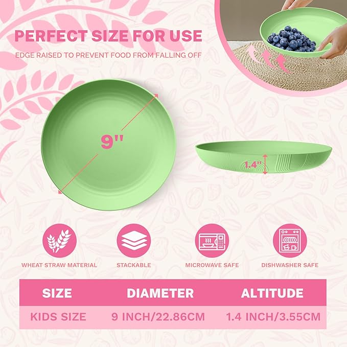 Homienly Wheat Straw Plates,Lightweight Unbreakable Dinner Plates Set 9 inch,Service for 8, Alternative to Plastic Plates Reusable,Microwave and Dishwasher Safe Plate Set for Salad,Dinner(Light Green)