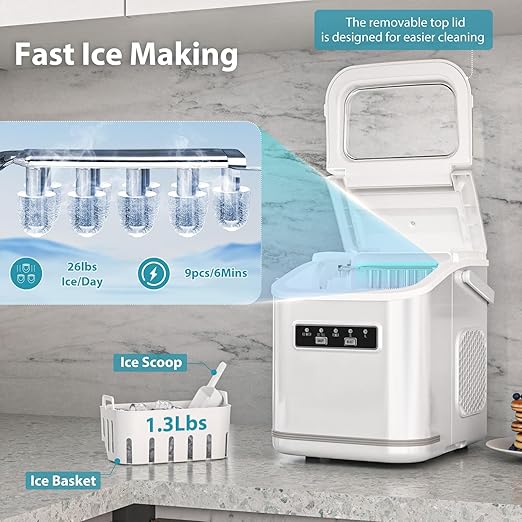 Ice Maker Machine Countertop Portable Compact Small Bullet Ice Maker with Self Cleaning,9 Cubes in 6 Mins,26lbs in 24Hrs, for Camping Dorm Home Outdoor (White)