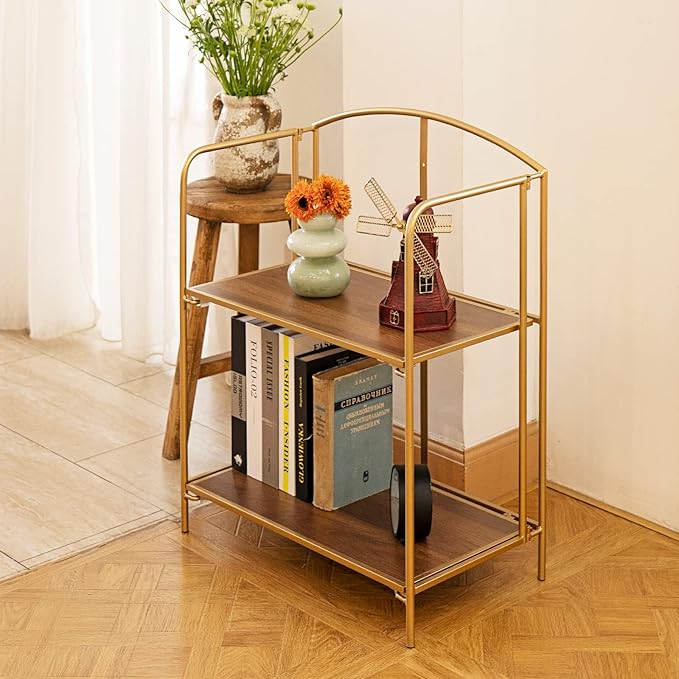 Crofy No Assembly Folding Bookshelf for Living Room, 2 Tier Gold Collapsible Book Shelf for Home Office, Portable Bookcase Storage Organizer